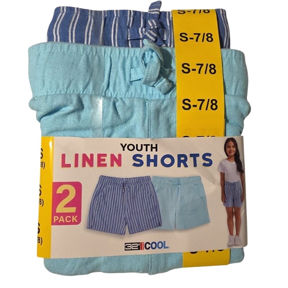 Girls Size S (7/8) 32 Degrees Cool 2-Pack Linen Shorts Blue & Striped